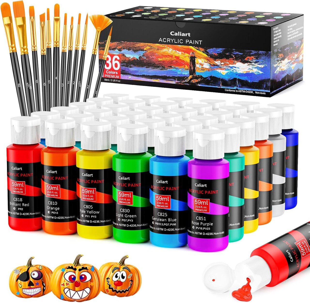 Acrylic Paint Set With 12 Brushes, 36 Colors (59ml, 2oz) Art Craft Paints Gifts for Artists Kids Beginners & Painters